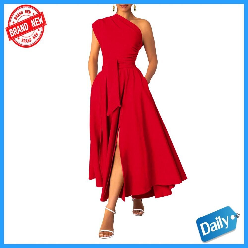 One Shoulder Formal Maxi Dress with Pockets Ruched Bust Belted Wedding Guest